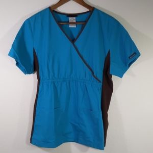 Cherokee Scrub Top Turquoise Teal Brown Size L